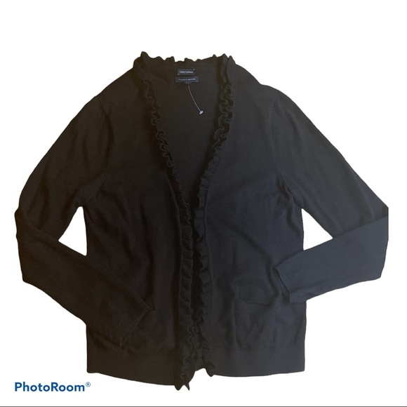 TOMMY HILFIGER black cotton/cashmere blend ruffle cardigan woman’s size xl - Picture 2 of 6